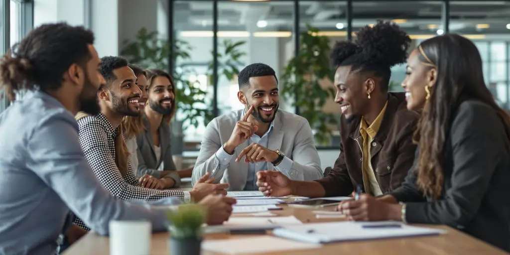 Diverse professionals brainstorming innovative business strategies in office.