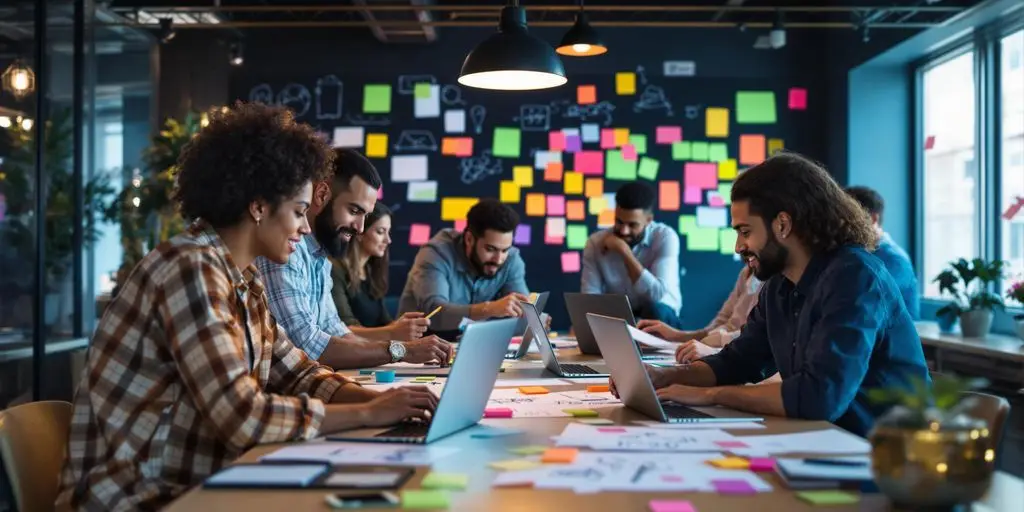 Diverse team collaborating in a vibrant startup workspace.