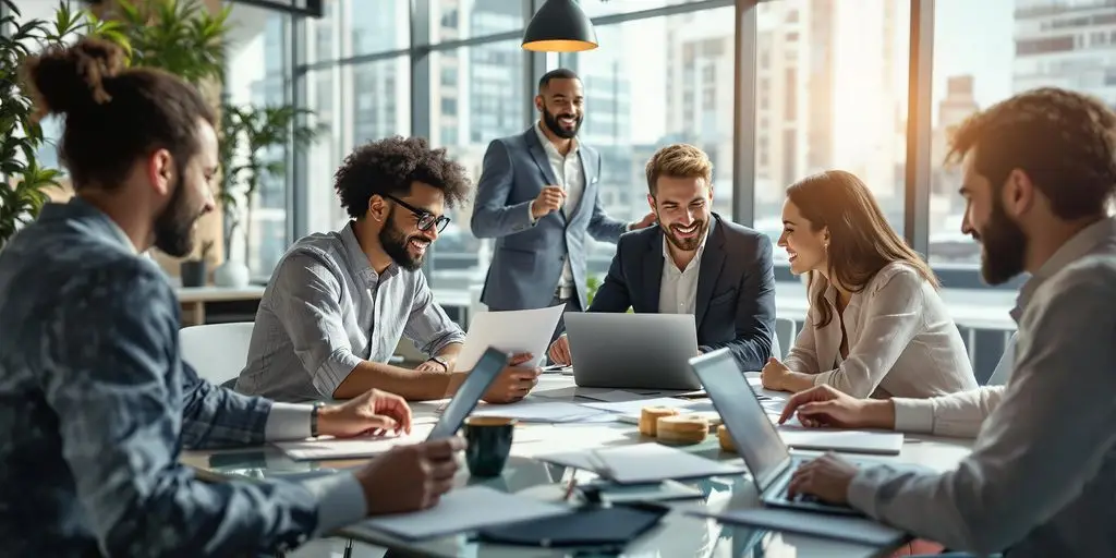 Diverse professionals collaborate in a modern office setting.