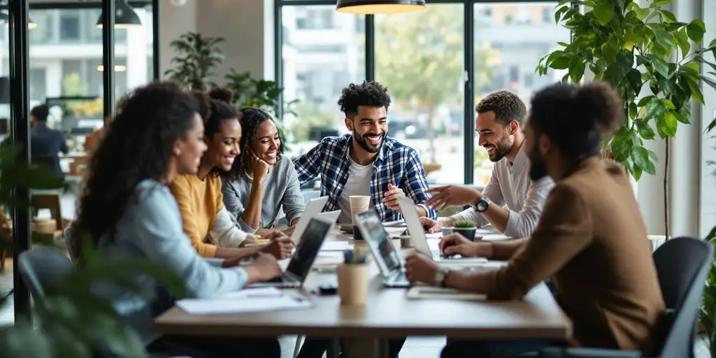 Diverse professionals collaborating in a modern office setting.